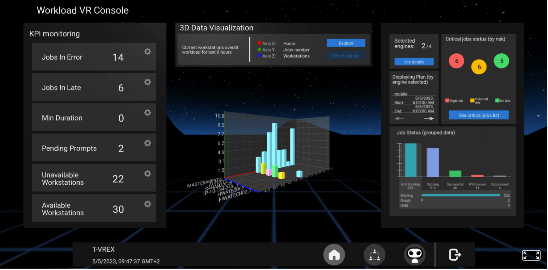 HCL Workload Automation VR Console interface displaying 3D data visualization graphics and workload metrics
