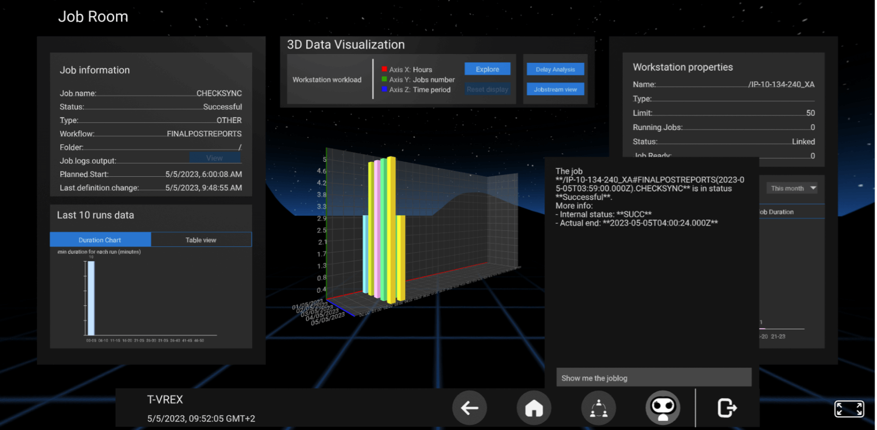 HCL Workload Automation VR Console Job Room interface displaying detailed job information and 3D data visualization