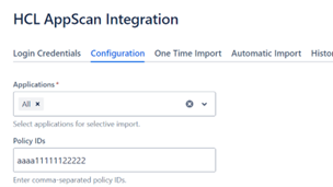 HCL AppScan Integration configuration form with Login Credentials, Configuration, One Time Import and Automatic Import tabs