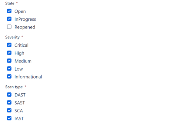 Configuration form showing State, Severity, and Scan type options (DAST, SAST, SCA, IAST) for vulnerability filtering in Jira