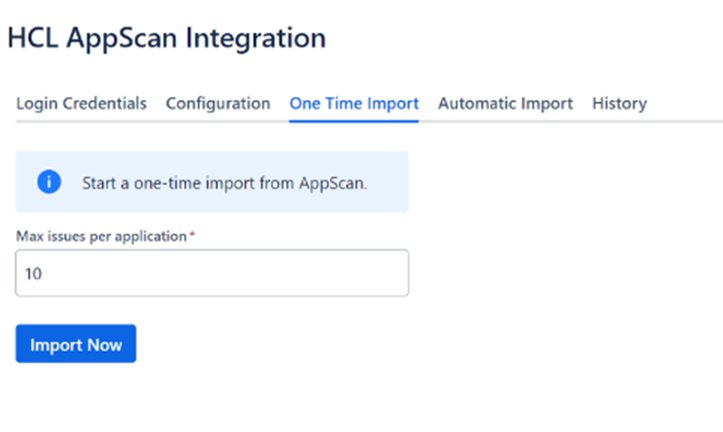 HCL AppScan integration configuration interface showing login credentials and one-time import settings with Jira