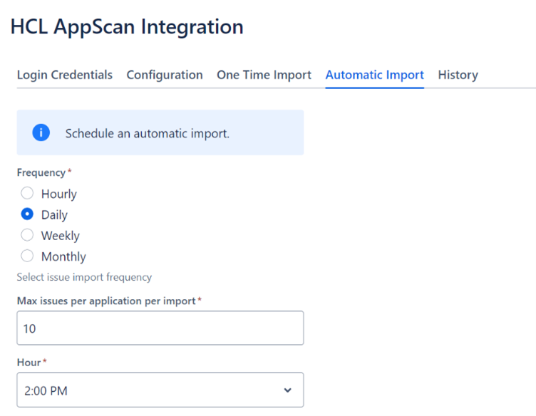 HCL AppScan Jira integration configuration tab for scheduling automatic vulnerability imports with frequency and time settings