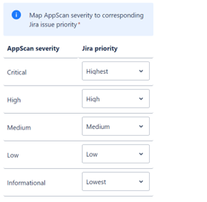 HCL AppScan severity level mapping to Jira issue priority dialog showing Critical, High, Medium, Low, and Informational vulnerability classifications